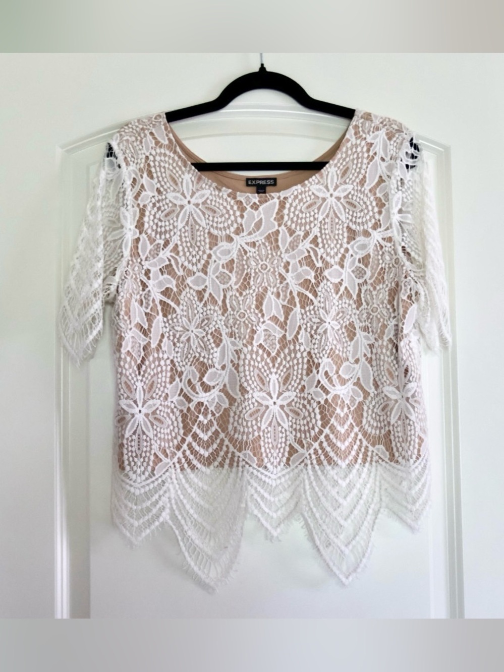 Express White Lace Overlay Top with Nude Lining - Large